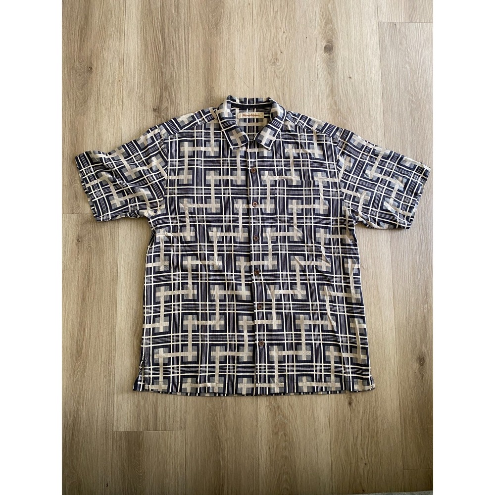 Tommy Bahama Mens M 100% Silk Shirt Black Gray Geometric Plaid Retro Button Up